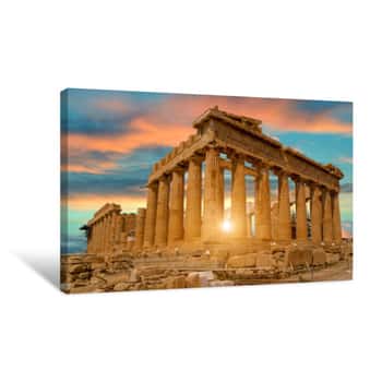 Image of Parthenon Athens Greece Sun Beams And Sunset Colors Canvas Print