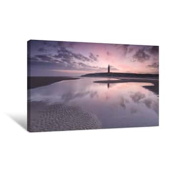 Image of Purple Sunrise Over North Sea Beach And Lighthouse Canvas Print