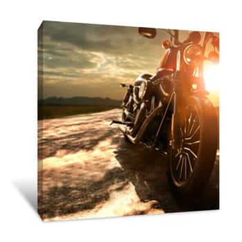 Image of Old Retro Motorcycle Traveling On Country Road Against Beautiful Light Of Sunset Sky Canvas Print