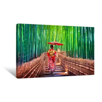 Image of Bamboo Forest  Asian Woman Wearing Japanese Traditional Kimono At Bamboo Forest In Kyoto, Japan  Canvas Print