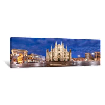 Image of Panoramic View Of Piazza Del Duomo, Cathedral Square, With Milan Cathedral Or Duomo Di Milano, Galleria Vittorio Emanuele II And Arengario, During Morning Blue Hour, Milan, Lombardia, Italy Canvas Print