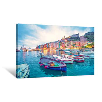 Image of Mystic Landscape Of The Harbor With Colorful Houses And The Boats In Porto Venero, Italy, Liguria In The Evening In The Light Of Lanterns Canvas Print