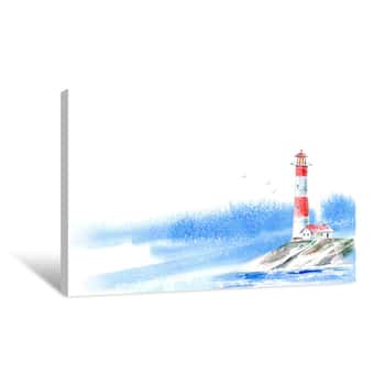 Image of Landscape Of A Lighthouse And The Ocean And Sky Sea Picture Watercolor Hand Drawn Illustration White Background  Canvas Print