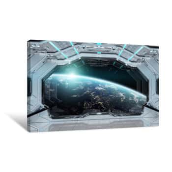 Image of White Clean Spaceship Interior With View On Planet Earth 3D Rendering Canvas Print