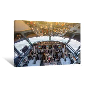 Image of Passenger Aircraft Interior, Engine Power Control And Other Aircraft Control Unit In The Cockpit Of Modern Civil Passenger Airplane  Canvas Print