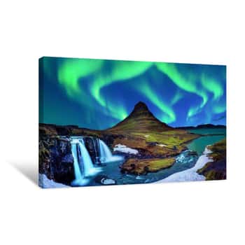 Image of Northern Light, Aurora Borealis At Kirkjufell In Iceland  Kirkjufell Mountains In Winter  Canvas Print