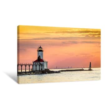 Image of Michigan City Light And Chicago Mirage At Sunset - A Temperature Inversion At Sunset Sometimes Produces This Vision Of Chicago Across Lake Michigan Known As A Superior Mirage Or Fata Morgana  Canvas Print