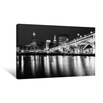Image of The Cleveland Skyline At Night, From Heritage Park, In Cleveland, Ohio Canvas Print