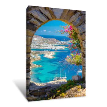 Image of Mykonos Port With Boats And Windmills, Cyclades Islands, Greece Canvas Print
