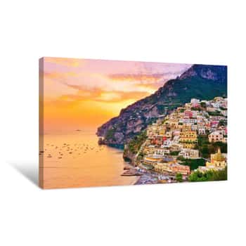 Image of View Of Positano Village Along Amalfi Coast In Italy At Sunset  Canvas Print