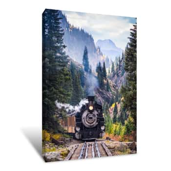 Image of Steam Train Crossing Trestle Bridge In The Mountains Canvas Print