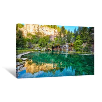 Image of Hanging Lake Blue Oasis Waterfalls In Mountains Canvas Print