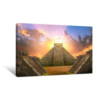 Image of Mexico, Chichen Itza, Yucatn  Mayan Pyramid Of Kukulcan El Castillo At Sunset Canvas Print