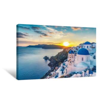 Image of Beautiful View Of Churches In Oia Village, Santorini Island In Greece At Sunset, With Dramatic Sky  Canvas Print