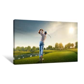 Image of Male Golf Player On Professional Golf Course  Golfer With Golf Club Taking A Shot Canvas Print