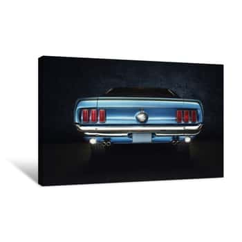 Image of Mustang Ford Oldtimer - Classic Car (blaues Auto Mit Hintergrund Schwarz) Studio Canvas Print