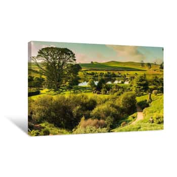 Image of Panorama With Green Dragon Sunset In Hobbiton, New Zealand Canvas Print