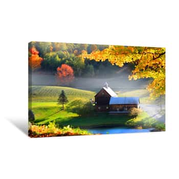 Image of Old Barn In Vermont Rural Side Surrounded By Fall Foliage Canvas Print