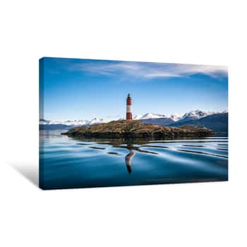 Image of The Lighthouse At World\'s End  Island With Lighthouse On A Peaceful Lake, Snowy Mountains Landscape On A Perfect Weather Day  Canvas Print