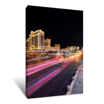 Image of Las Vegas, Nevada / USA - 09 03 2015: Cars At The Junction Of South Las Vegas Boulevard And West Flamingo Road In Front Of Caesars Palace On The Las Vegas Strip At Night  Canvas Print
