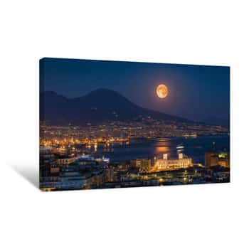 Image of Full Moon Rises Above Mount Vesuvius, Naples And Bay Of Naples, Italy Canvas Print