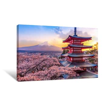 Image of Fujiyoshida, Japan Beautiful View Of Mountain Fuji And Chureito Pagoda At Sunset, Japan In The Spring With Cherry Blossoms   Canvas Print