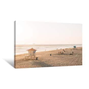 Image of View Of Lifeguard Stands On The Beach At Sunset, In Huntington Beach, Orange County, California Canvas Print