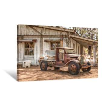 Image of Old Rusty Truck And An Old Abandoned Barn Canvas Print