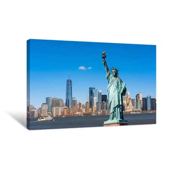 Image of The Statue Of Liberty Over The Scene Of New York Cityscape River Side Which Location Is Lower Manhattan,Architecture And Building With Tourist Concept Canvas Print