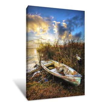 Image of Little White Rowboat in Autumn Canvas Print