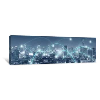 Image of Technology Connectivity Busy In The City In Blue Tone  Canvas Print