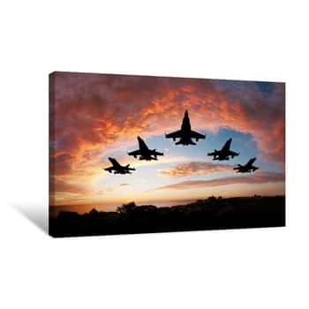 Image of Fighter Flying In The Sky At Sunset Canvas Print