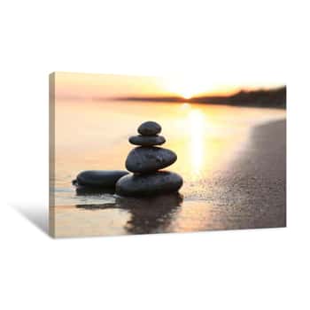 Image of Dark Stones On Sand Near Sea At Sunset, Space For Text  Zen Concept    Canvas Print
