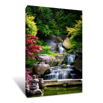 Image of Waterfall Long Exposure Vertical View With Maple Trees In Kyoto Japanese Green Garden In Holland Park Green Summer Zen Lake Pond Water In London, UK Canvas Print