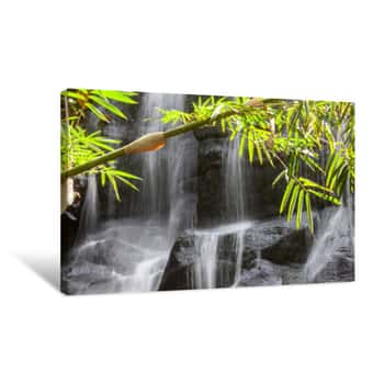 Image of Detail View Of Bamboo Leaves With Waterfall In Bali Indonesia Canvas Print