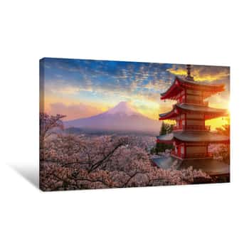 Image of Fujiyoshida, Japan Beautiful View Of Mountain Fuji And Chureito Pagoda At Sunset, Japan In The Spring With Cherry Blossoms Canvas Print