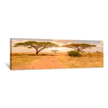 Image of Game Drive On Dirt Road With Safari Car In Serengeti National Park In Beautiful Landscape Scenery, Tanzania, Africa Canvas Print