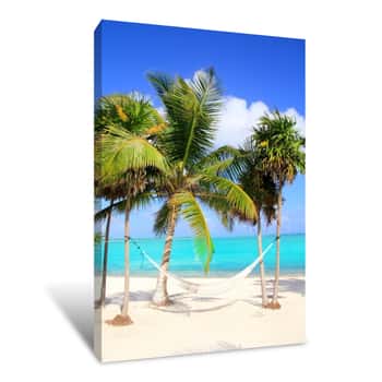 Image of Caribbean Sea With Swing Hammock Turquoise Beach Canvas Print