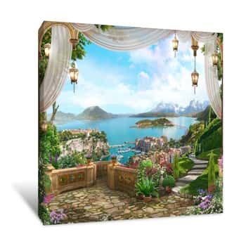 Image of View From The Balcony On The Coast Of Italy With White Curtains, Lanterns And A Beautiful Garden  Digital Fresco  Wallpaper  Canvas Print