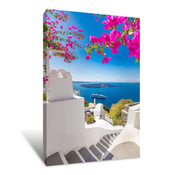 Image of White Architecture On Santorini Island, Greece  Beautiful Summer Landscape, Sea View  Beautiful Terrace With Flowers, Sea View  Santorini Island, Greece  Canvas Print