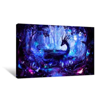 Image of A Beautiful Black Dragon In A Night Forest, Peacefully Lying In A Clearing, Surrounded By Many Trees, Fireflies, And Luminous Plants, Painted With Imitation Oil  2d Illustration  Canvas Print