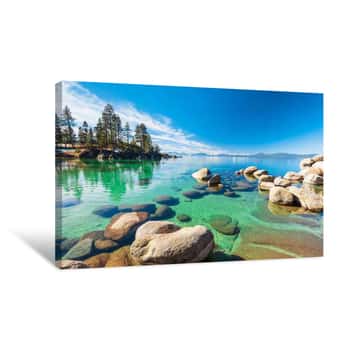 Image of Lake Tahoe Rocky Shoreline In Sunny Day, Beach With Blue Sky Over Clear Transparent Water Canvas Print