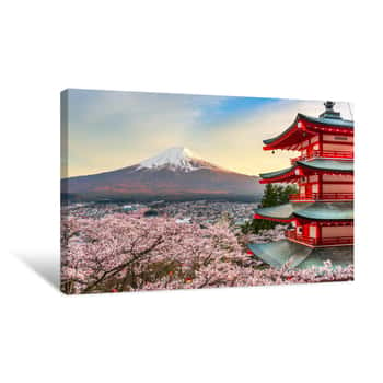 Image of Fujiyoshida, Japan At Chureito Pagoda And Mt  Fuji In The Spring Canvas Print