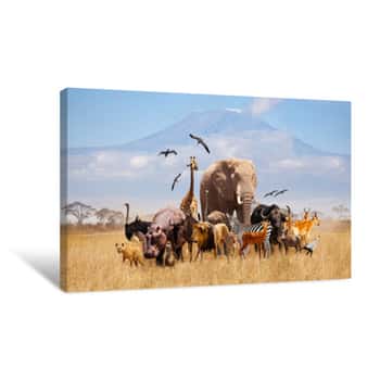 Image of Group Of Many African Animals Giraffe, Lion, Elephant, Monkey And Others Stand Together In With Kilimanjaro Mountain On Background Canvas Print