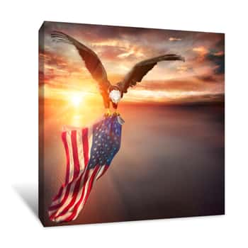 Image of Eagle With American Flag Flies In Freedom At Sunset - Vintage Toned Canvas Print