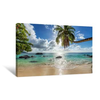 Image of Coco Palms At Sunset In Tropical Beach In Paradise Island  Summer Vacation And Tropical Beach Concept    Canvas Print