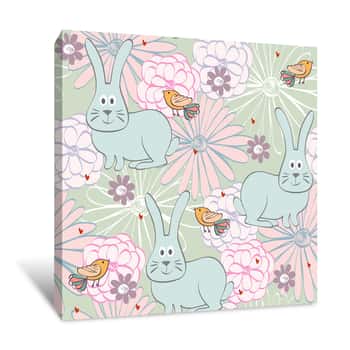 Image of Girl\'s Floral Bunny Wallpaper Canvas Print