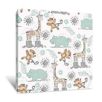 Image of Giraffes In Boots With Monkeys Wallpaper Canvas Print