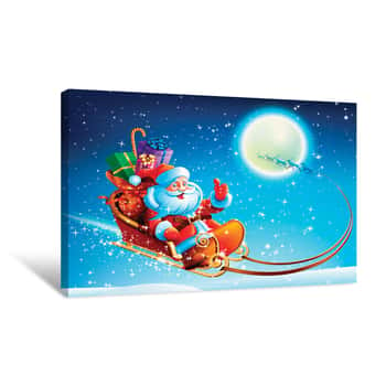 Image of Colorful Santa Riding in Sleigh Canvas Print