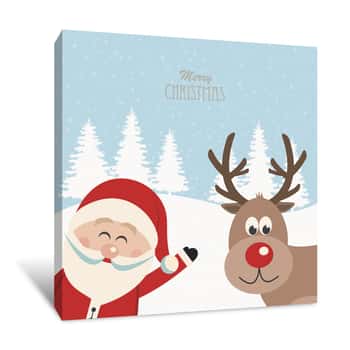 Image of Santa Claus And Cute Reindeer Canvas Print